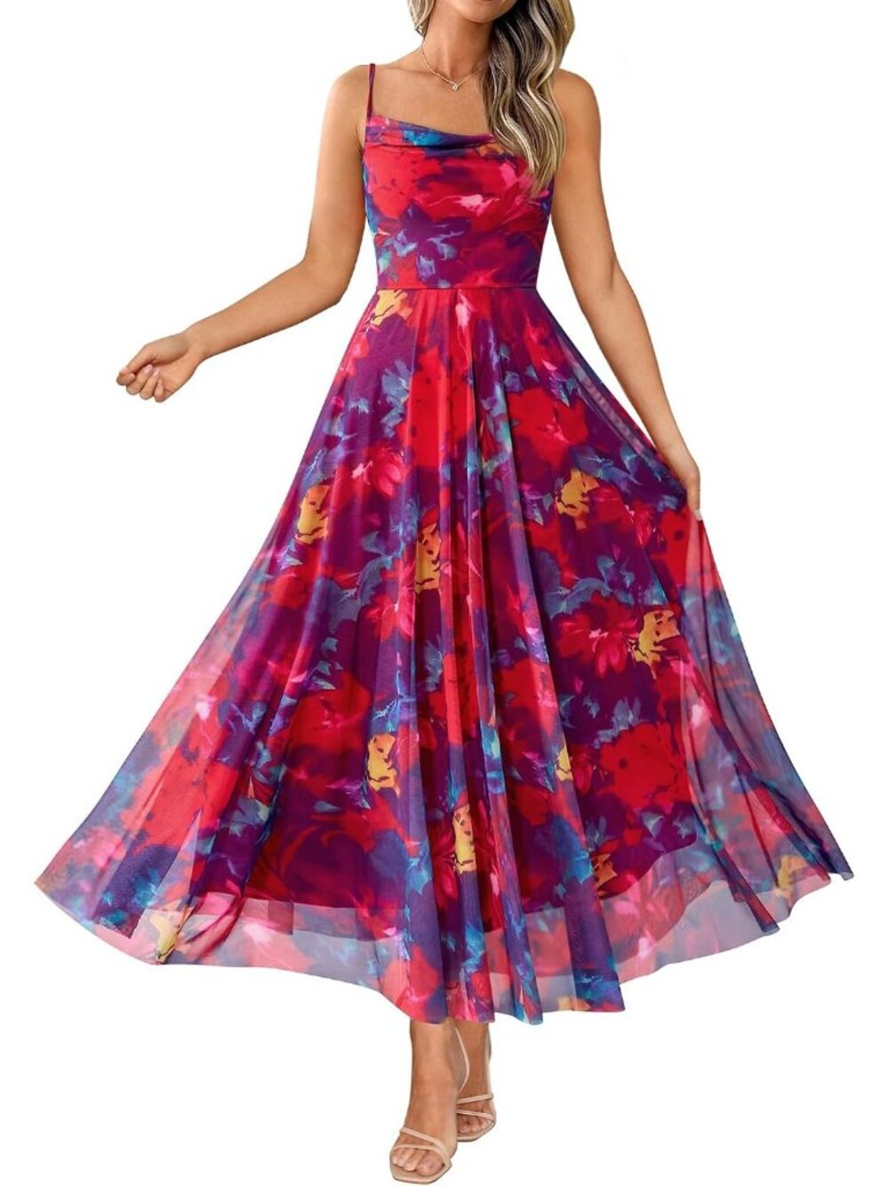 Women's Navy Red Flower Summer Cowl Neck Spaghetti Strap Floral Maxi Dresses